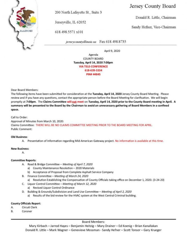 Jersey County Board To Meet Tuesday April 14, 2020 Jersey County Board Agenda - April 14, 2020 Pg. 1